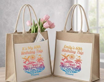 Birthday Trip Tote Bag, Personalized Birthday Vacation Tote, Custom Birthday Trip Jute Bag, Girls Birthday Trip Gift, Travel Birthday Tote