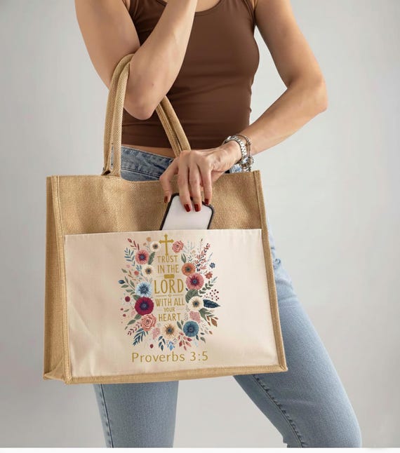 Christian Tote Bag Proverbs 3:5, Trust in the Lord Bag, Bible Verse Jute Bag, Floral Christian Gift, Church Tote Bag