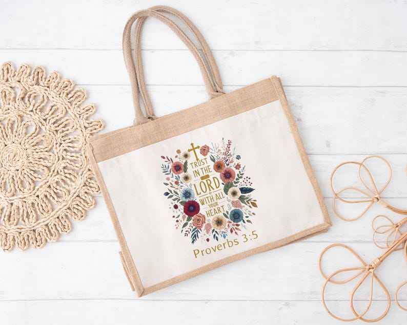 Christian Tote Bag Proverbs 3:5, Trust in the Lord Bag, Bible Verse Jute Bag, Floral Christian Gift, Church Tote Bag image 4