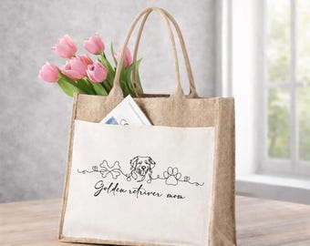 Golden Retriever Mom Gift, Minimalist Dog Lover Tote Bag, Continuous Line Art Puppy Purse, Aesthetic Pet Present, Hand Lettered jute bag