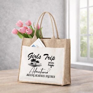 Personalized Girls Trip 2026 Tote Bag, Custom Name Beach Vacation Bag, Tropical Palm Tree Adventure Purse, Making Memories jute bag image 2