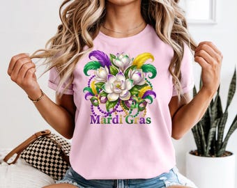 Mardi Gras Magnolia Tshirt, Floral Carnival Sweater, Purple Green Gold Flower Shirt
