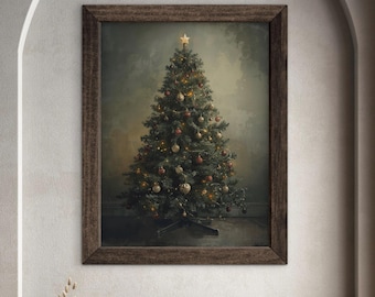 Vintage Christmas Tree Printable Wall Art | Moody Neutral Holiday Decor | Antique Style Christmas Home Decor | Rustic Farmhouse Winter Art