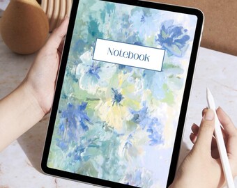 Digital anteckningsbok med blå blommor och toning