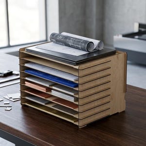 May include: A light-colored wooden document organizer with multiple horizontal shelves holding various flat materials, including blue and copper-colored sheets, and a rolled-up technical blueprint resting on the top surface of the unit.