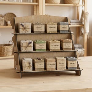 Op de afbeelding: Een houten displaystandaard met drie niveaus gevuld met rechthoekige stukken zeep. De zepen zijn verpakt in papieren labels met de tekst Lavandula, Oat & Honey en Sea Salt. Sommige stukken zijn omwikkeld met touw en gedroogde lavendel.