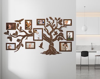 Family Tree Photo Collage, Wooden Family Tree with Frames, Family Tree Wall Art, Photo Frames Wall Collage, Big Photo Family Tree