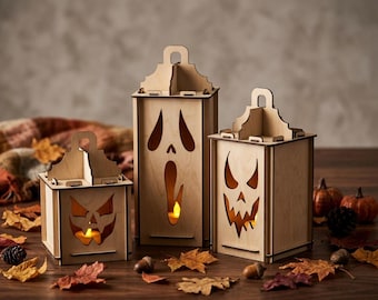 Wooden Halloween Lantern, Spooky Wood Lantern, Wood Halloween Candle Holder, Spooky Candle Lantern, Wooden Pumpkin Lantern, Spooky Light Box