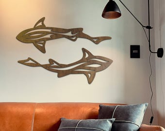Shark Wooden Wall Art, Wooden Shark Wall Decor, Wood Shark Silhouette, Sharks Wood Wall Decor, Set of 2 Sharks Wall Hanging, Shark Line Art