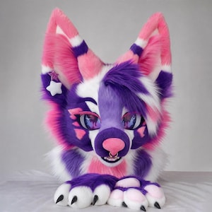 May include: A plush animal head mask featuring vibrant purple, pink, and white faux fur. The mask has large expressive eyes, a pink nose with a gold septum ring, and pointed ears adorned with a small purple star and a white star accessory.