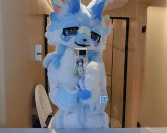 Premade Kemono Fursuit Partial | Blue and White Confetti  Furry Head and Paws