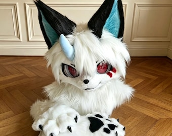 Unique Horned Canine Fursuit Head - White and Black Fur - Red Kemono Eyes, Paws Tail Included for Cosplay, Furry Head, Fursuit Adoptable
