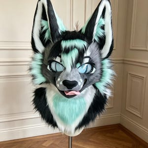 Toony Mint Green Wolf Fursuit Head, Grey Black Husky Mask, Cute Kemono Cosplay Costume, Edgy Fantasy Creature Gear, Furry Head, CosPlay