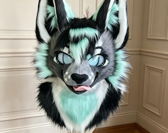 Toony Mint Green Wolf Fursuit Head, Grey Black Husky Mask, Cute Kemono Cosplay Costume, Edgy Fantasy Creature Gear, Furry Head, CosPlay