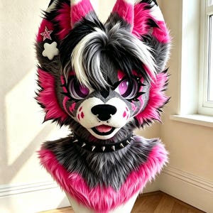 Puede incluir: Una máscara de cabeza de animal hecha de piel sintética gris y rosa intenso, con grandes orejas puntiagudas con detalles blancos y ojos morados brillantes. La máscara incluye un collar negro con pinchos, un anillo en la nariz y un accesorio.