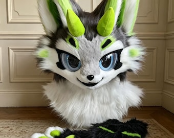 Unique Horned Canine Fursuit Head - Grey, White, and Neon Green Fur - Kemono Eyes, Paws Included for Cosplay, Furry Head, Fursuit Adoptable