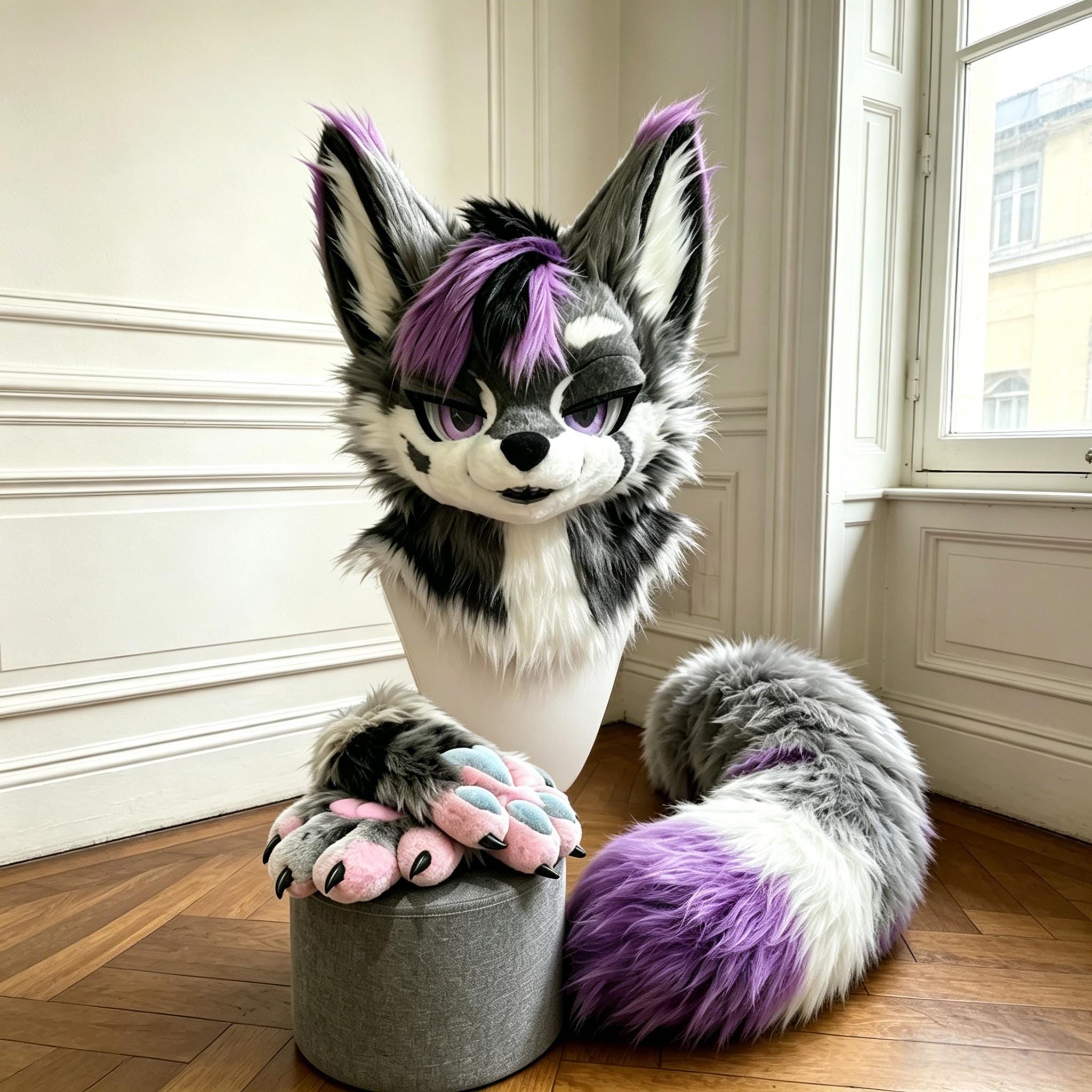 Fursuit Head Set Anime Kemono Fursuit, Handmade Cosplay Costume, Grey White Purple Furry Head Paws Tail, Fursuit Commission, Halloween Gifts