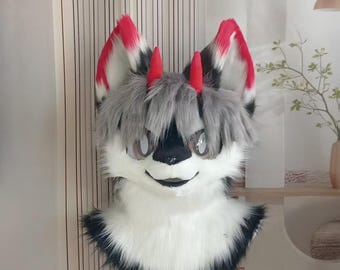 Custom Fursuit, White Wolf Kemono Mask, Red Horns, Grey Hair Fursuit, Demon Canine Kig Head, Toony Wolf, Furry Paws, Furry Tail, Fur