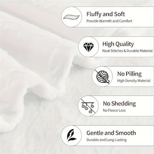 May include: White, fluffy textile with text labels highlighting features: "Fluffy and Soft," "High Quality," "No Pilling," "No Shedding," and "Gentle and Smooth." The image emphasizes the product's warmth, durability, and comfort.
