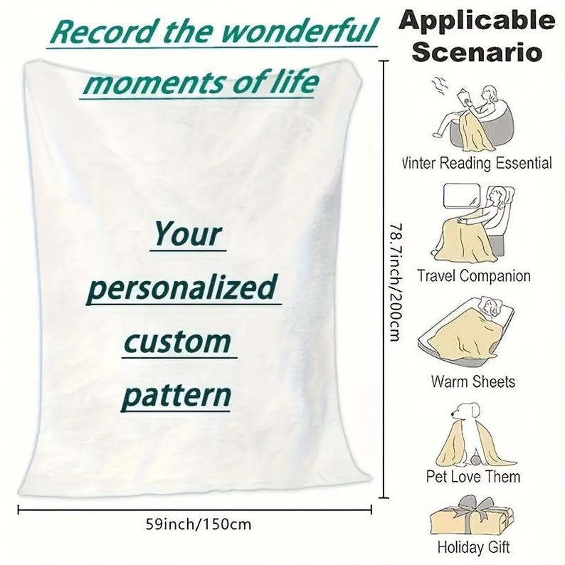 May include: A white blanket with the text "Record the wonderful moments of life." It features the words "Your personalized custom pattern." The blanket is 59 inches wide and 78.7 inches long. Illustrations show the blanket's uses.