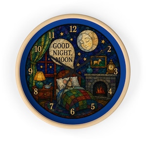 May include: A round wall clock with a light wood frame featuring a stained glass style illustration of a mouse in bed. The scene includes a fireplace, a crescent moon, and a speech bubble with the text GOOD NIGHT, MOON. Black clock hands.