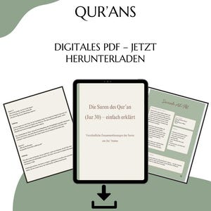 Könnte beinhalten: Digitales PDF-Dokument mit dem Titel "Verstehe die Suren des Qur'ans" und dem Text "Die Suren des Qur'an (Juz 30) - einfach erklärt". Das Bild enthält auch den Text "DIGITALES PDF - JETZT HERUNTERLADEN" und den Handle "@NOORPOÉSIE".