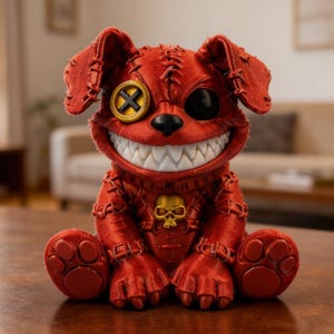 Puede incluir: Una figura de perro rojo cosido con una amplia sonrisa dentuda y un ojo negro. El perro tiene un emblema de calavera dorada en el pecho y un parche dorado y negro sobre un ojo. La figura está sentada sobre una superficie de madera.