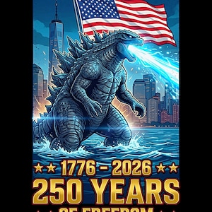 Puede incluir: Ilustración digital de Godzilla lanzando energía azul, con la bandera estadounidense ondeando al fondo. La imagen incluye el texto "1776-2026" y "250 YEARS OF FREEDOM" en dorado, celebrando un aniversario nacional.