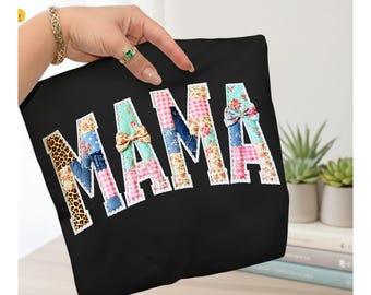 Floral Patchwork Mama PNG Bundle, Faux Embroidered Mom Shirt Design (Digital Download)
