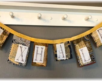 EXHALE Whimsical Primitive Kantha Quilt Banner, Prayer Flag, Sign in GOLD..Boro Art, Yard Art, Home Dec, Inspirational