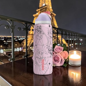 May include: A pink Owala water bottle featuring anime character illustrations. The bottle has a light purple lid with a red accent. The background includes a lit candle, pink roses, and the Eiffel Tower at night.