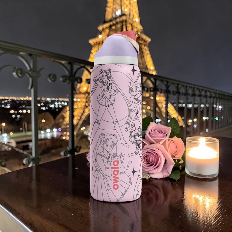May include: A pink Owala water bottle featuring anime character illustrations. The bottle has a light purple lid with a red accent. The background includes a lit candle, pink roses, and the Eiffel Tower at night.
