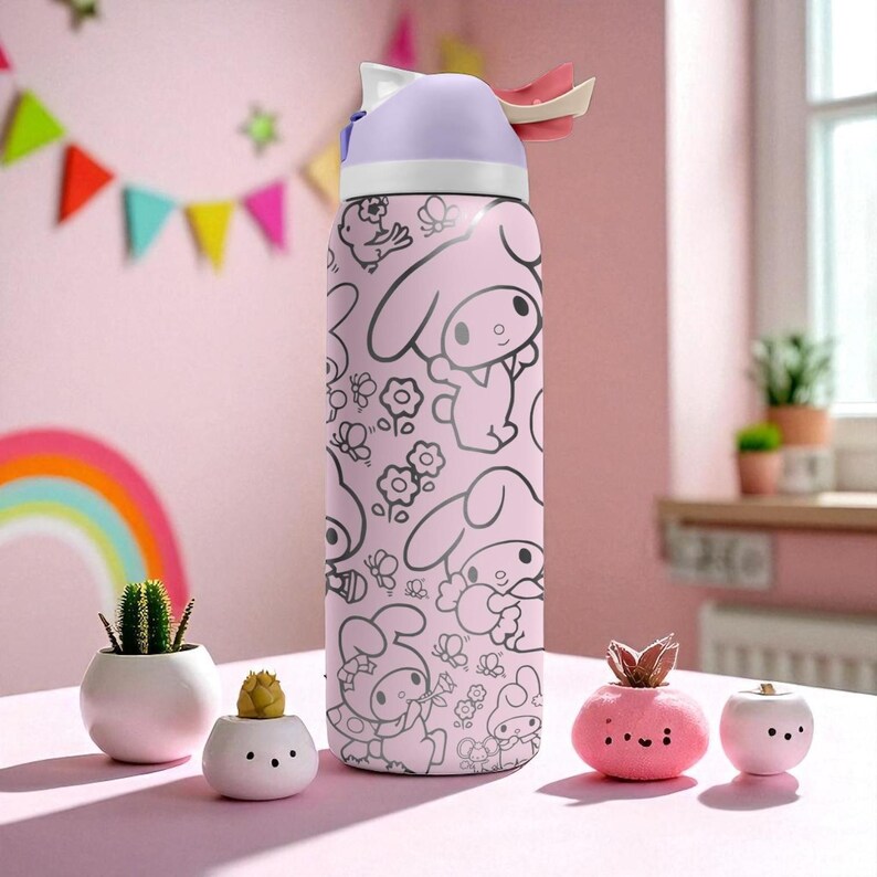 Graverad Bunny Friends-mugg – Söt rosa Owala-flaska med tecknad kanindesign – 47 cl 60 cl 80 cl lasergraverad mugg bild 8