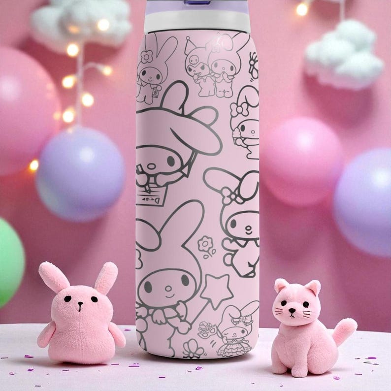Graverad Bunny Friends-mugg – Söt rosa Owala-flaska med tecknad kanindesign – 47 cl 60 cl 80 cl lasergraverad mugg bild 9