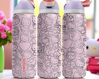 Cute Bow Cat Engraved Owala Tumbler – 16oz 24oz 32oz 40oz FreeSip Cup with Hearts & Outfits – Girly Gift for Her