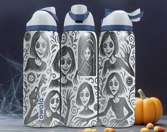 Creepy Button Eyes Engraved Owala Bottle – Gothic Horror Wrap Design – Stainless Steel Cup 16oz 24oz 32oz 40oz