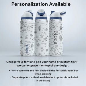 May include: Three white water bottles with blue accents and axolotl illustrations. The bottles have a flip-top lid and are personalized with the name "Nora". The text "Personalization Available" is at the top, with instructions below.