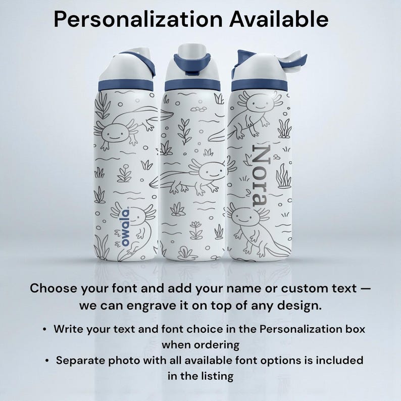 May include: Three white water bottles with blue accents and axolotl illustrations. The bottles have a flip-top lid and are personalized with the name "Nora". The text "Personalization Available" is at the top, with instructions below.