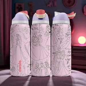 May include: Three pink Owala water bottles with a princess-themed design. Each bottle features a light purple lid and a flip-top spout. The bottles are decorated with black line drawings of princesses, princes, and other characters.