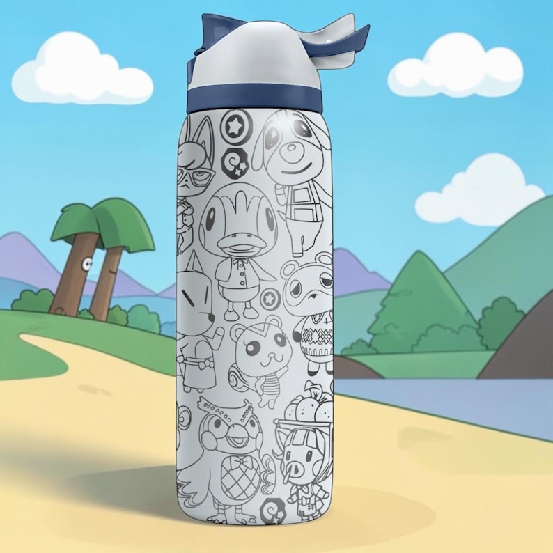 K&ouml;nnte beinhalten: Eine wei&szlig;-marineblaue Wasserflasche mit einem Cartoon-Design. Die Flasche hat einen wei&szlig;en Deckel mit marineblauem Akzent und eine Klapp&ouml;ffnung. Der K&ouml;rper der Flasche ist mit schwarz-wei&szlig;en Cartoon-Figuren bedeckt.