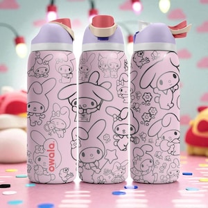 Graverad Bunny Friends-mugg – Söt rosa Owala-flaska med tecknad kanindesign – 47 cl 60 cl 80 cl lasergraverad mugg bild 1