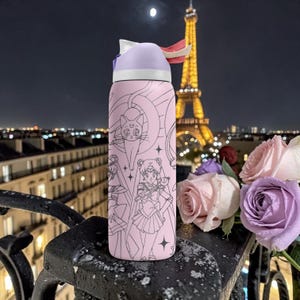 May include: A pink water bottle featuring a cartoon design with a purple lid and a white and red accent. The bottle has a black outline design of a cat and a female anime character. The Eiffel Tower is in the background.