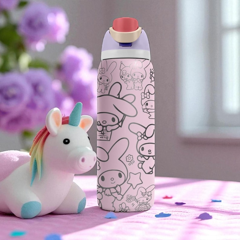 Graverad Bunny Friends-mugg – Söt rosa Owala-flaska med tecknad kanindesign – 47 cl 60 cl 80 cl lasergraverad mugg bild 7