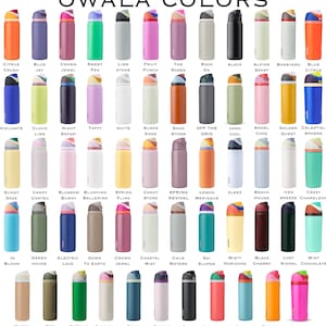 May include: A collection of Owala water bottles in various colors, each with a unique name printed below. The bottles are arranged in rows and columns, showcasing a wide range of hues, from vibrant oranges and blues to softer pastels and neutrals.
