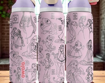 Long Hair Princess Engraved Owala Tumbler – 16oz 24oz 32oz 40oz Lantern & Tower Design – Fairycore Gift for Her