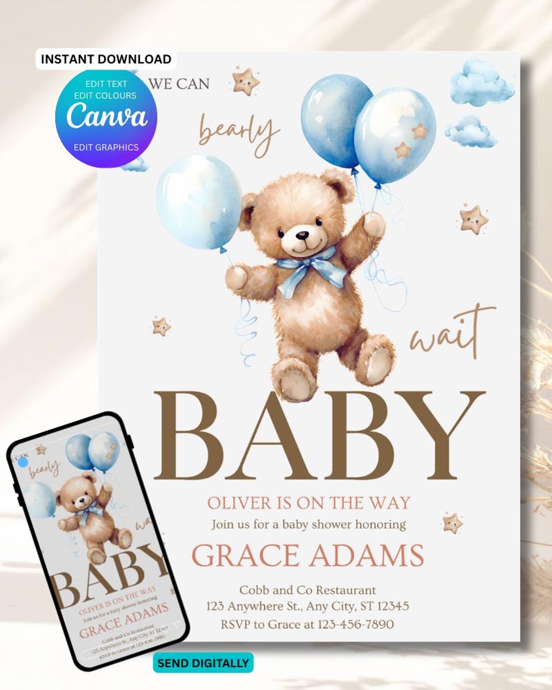 Editable Teddy Bear Baby Shower Invitation, We Can Bearly Wait Boy ...