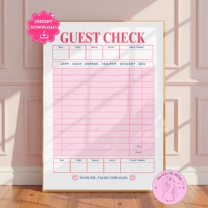 Può includere: Un buono d'ordine rosa e bianco con le parole "GUEST CHECK" in alto. Il buono include sezioni per data, tavolo, ospiti, cameriere e numero di assegno. Il fondo recita "THANK YOU. PLEASE COME AGAIN."
