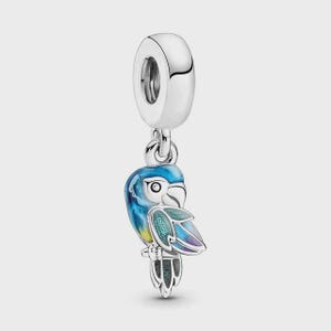 May include: A silver charm in the shape of a parrot, featuring a polished metal finish and vibrant enamel detailing in shades of blue, green, and yellow. The parrot is depicted in profile with a textured wing design and a smooth, rounded bail.