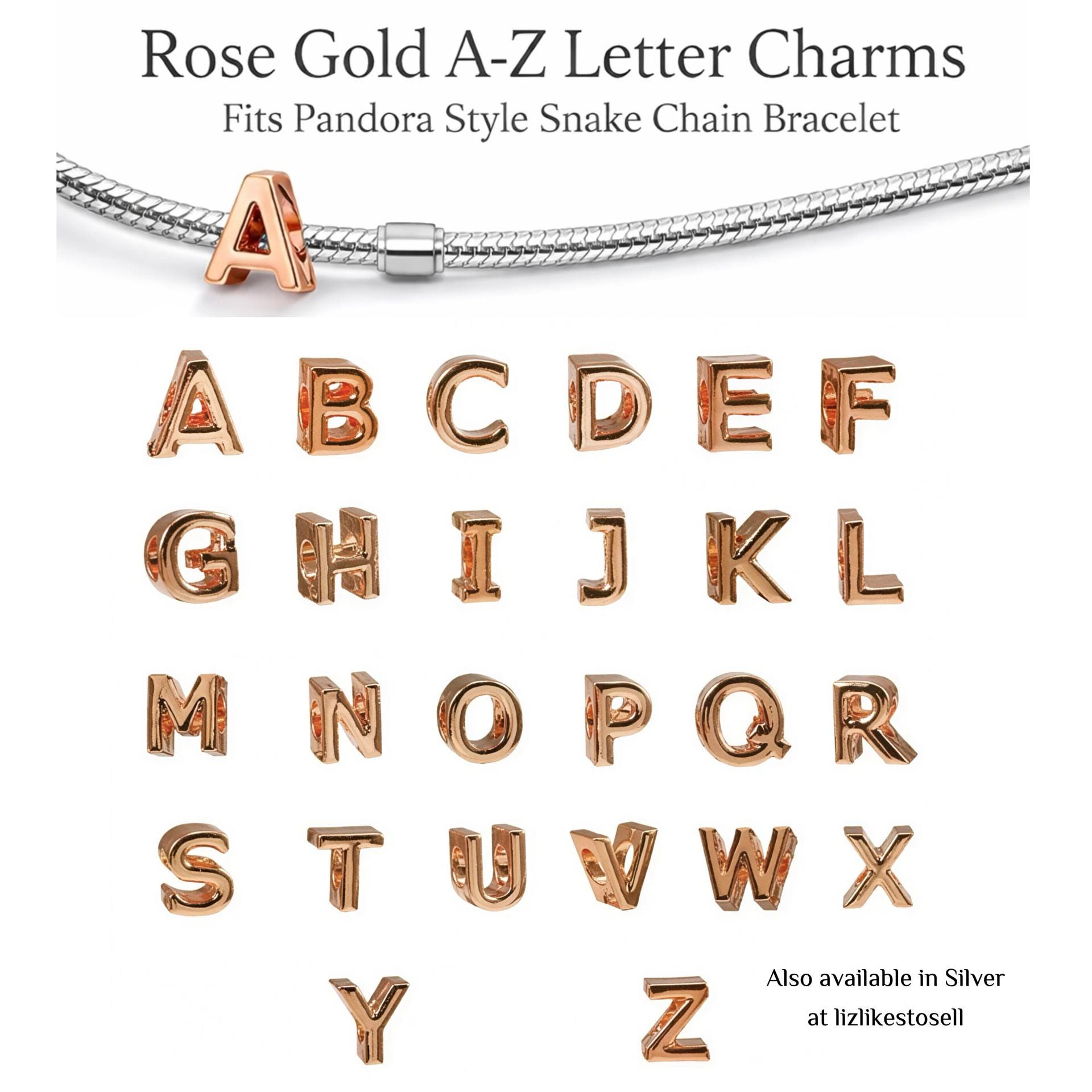 Rose Gold Alphabet Letter Charm A-Z – Fits Pandora Style Snake Chain Bracelet – Capital Initial