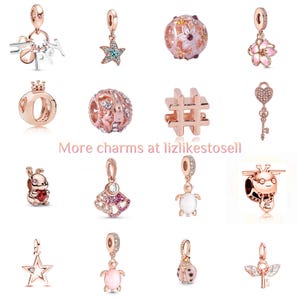 Könnte beinhalten: Eine Auswahl an roségoldenen Charms, darunter ein Stern, eine Blume, eine Krone, ein Hashtag, ein Schlüssel, ein Hase, ein Fächer, eine Schildkröte, eine Giraffe, ein Marienkäfer und ein geflügelter Schlüssel. Die Charms sind für Armbänder oder Halsketten gedacht. Der Text auf dem Bild lautet "More charms at lizlikestosell".